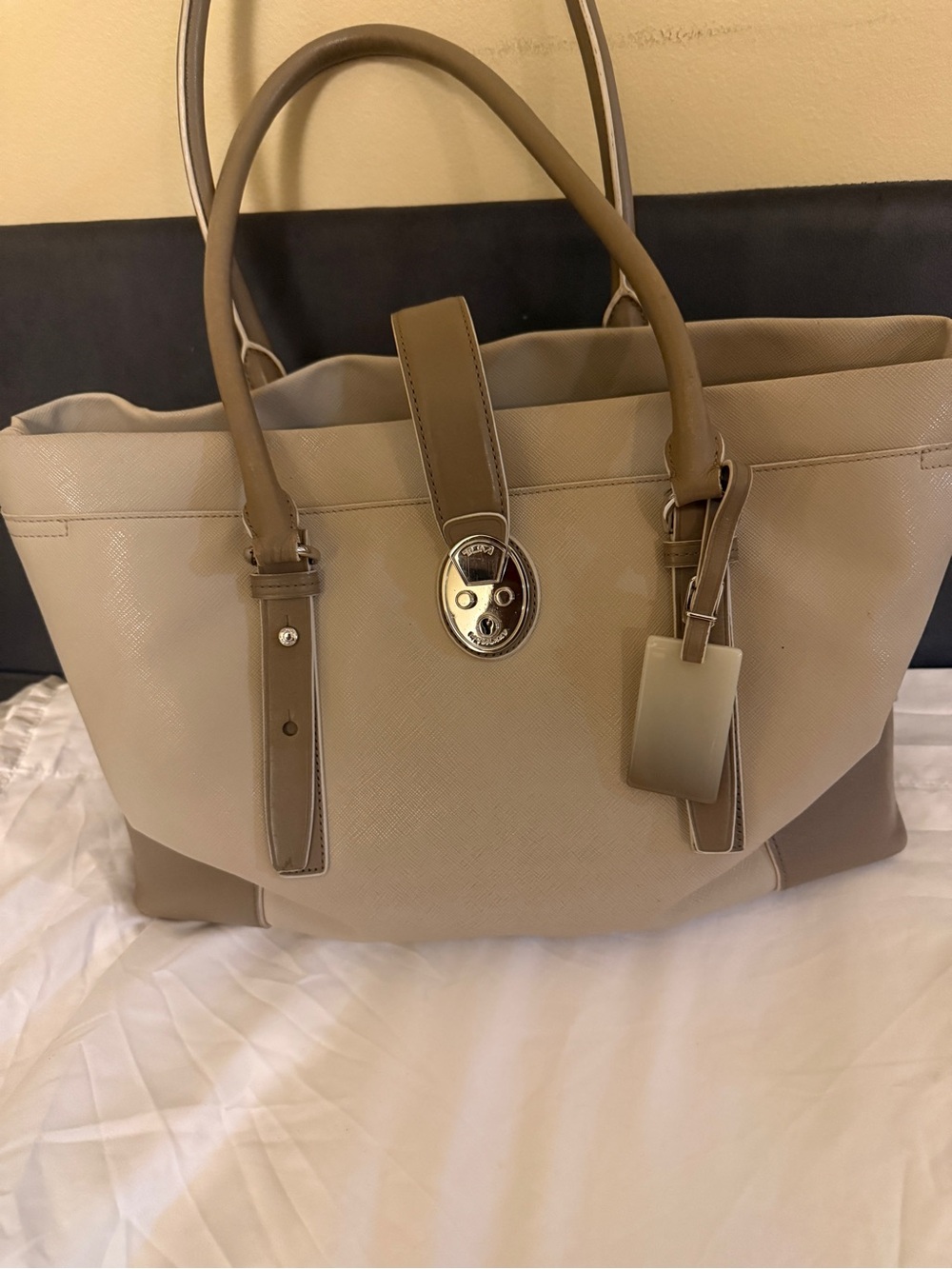 Tumi Two-Tone Taupe and Beige Tote lots of pockets